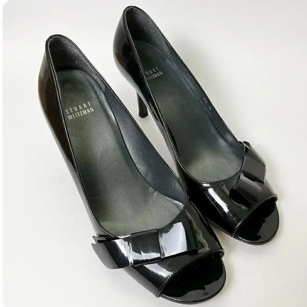 Stuart Weitzman Black Patent Leather Open Toe Classic Heels
